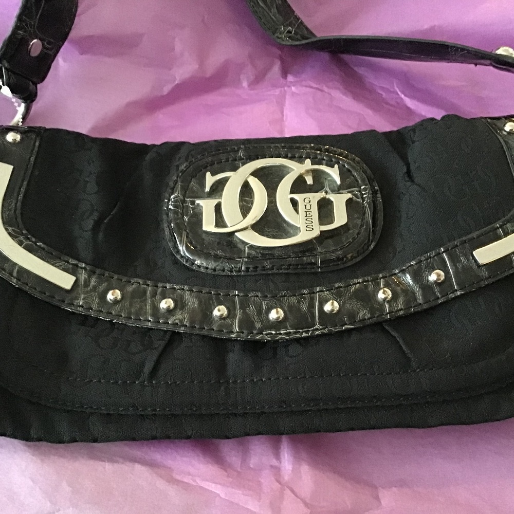 Vintage Guess Black Canvas Logo Shoulder Bag